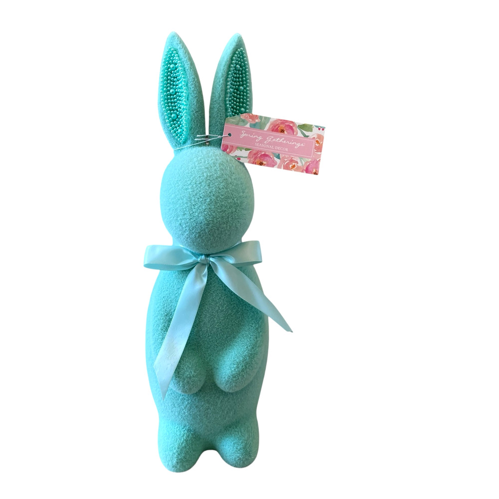 Spring Gatherings Flocked Bunny With Faux Pearl Ears & Ribbon 15" Aqua Blue New